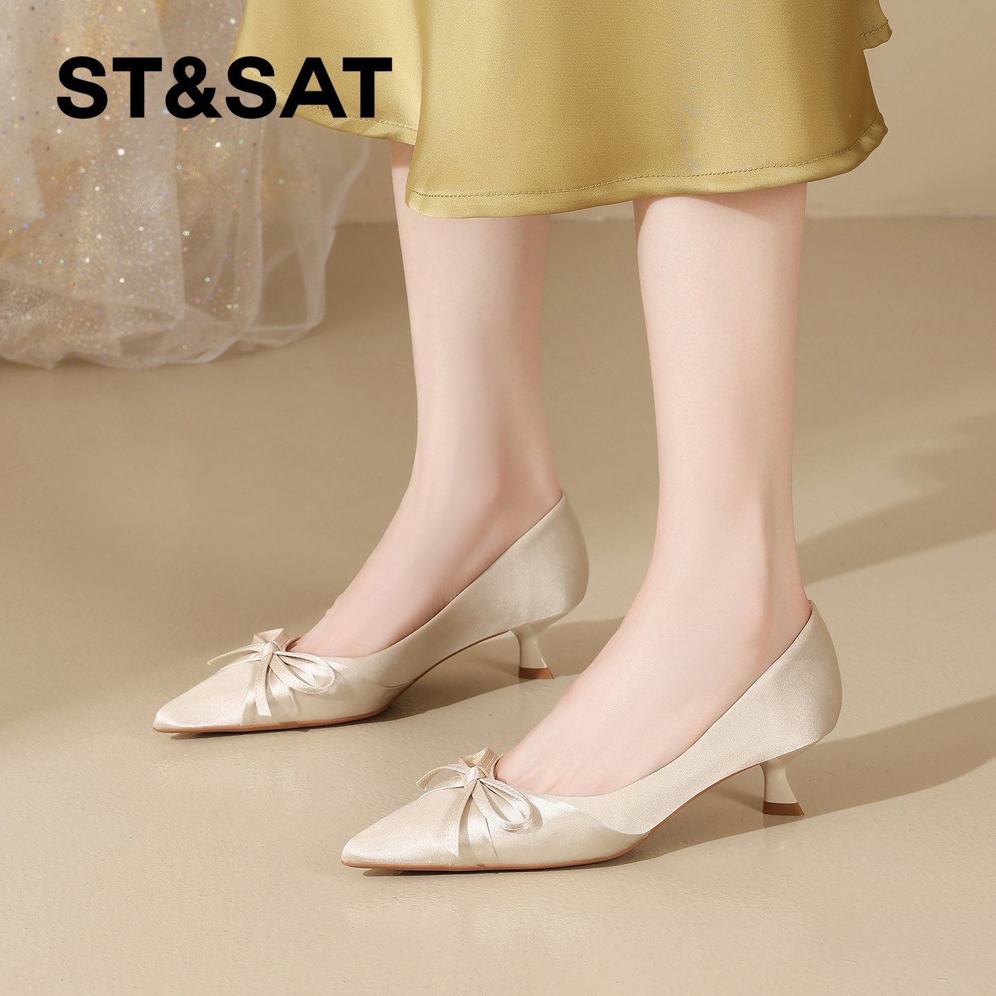 星期六优雅风尖头猫跟浅口单鞋女2026春季新款蝴蝶结气质中跟婚鞋