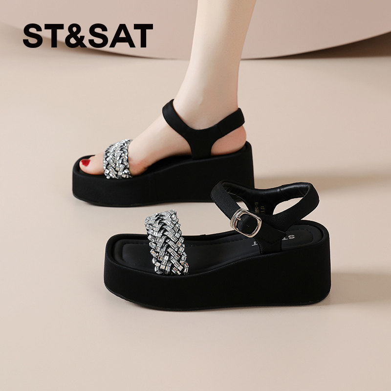 星期六厚底增高凉鞋女夏外穿新款坡跟一字带水钻配裙子罗马沙滩鞋