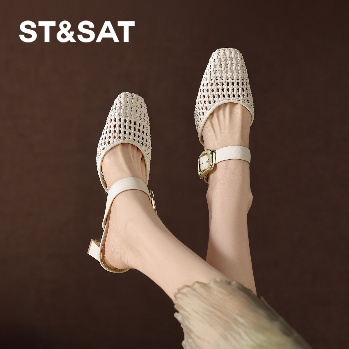 星期六方头粗跟夏季凉鞋女2026春夏季新款高跟气质法式一脚蹬单鞋