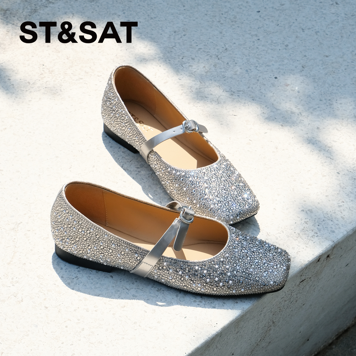 星期六水钻真皮柔软单鞋舒服平底