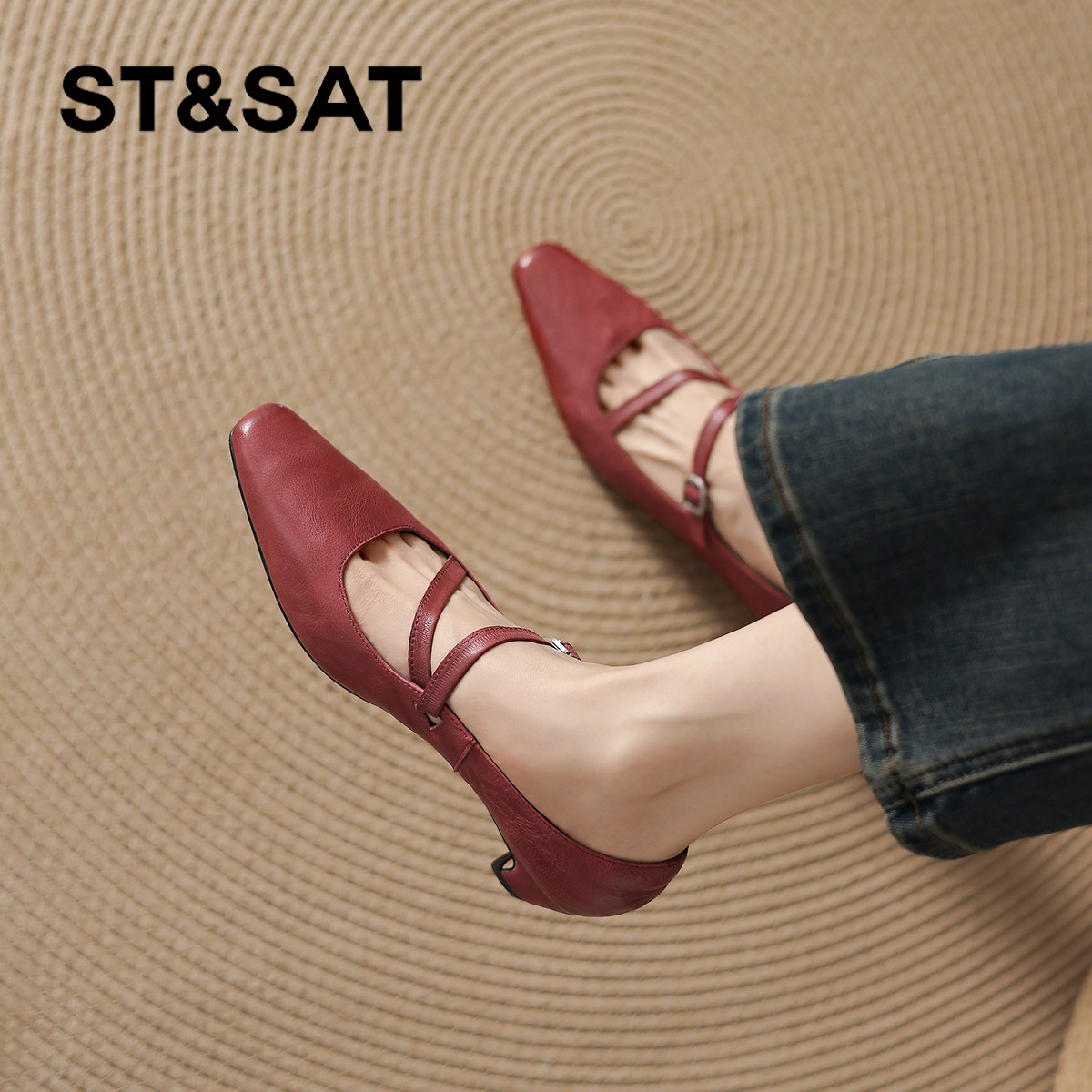 星期六粗跟红色单鞋女2026新款夏季真皮高跟鞋法式浅口玛丽珍婚鞋