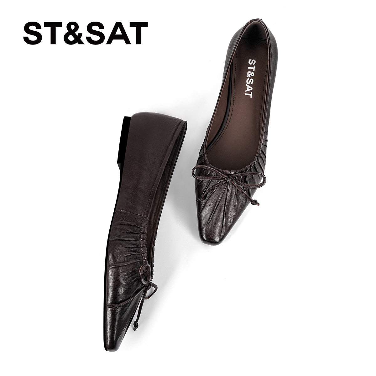 星期六平底玛丽珍鞋女2025真皮尖头浅口单鞋褶皱蝴蝶结咖啡色女鞋