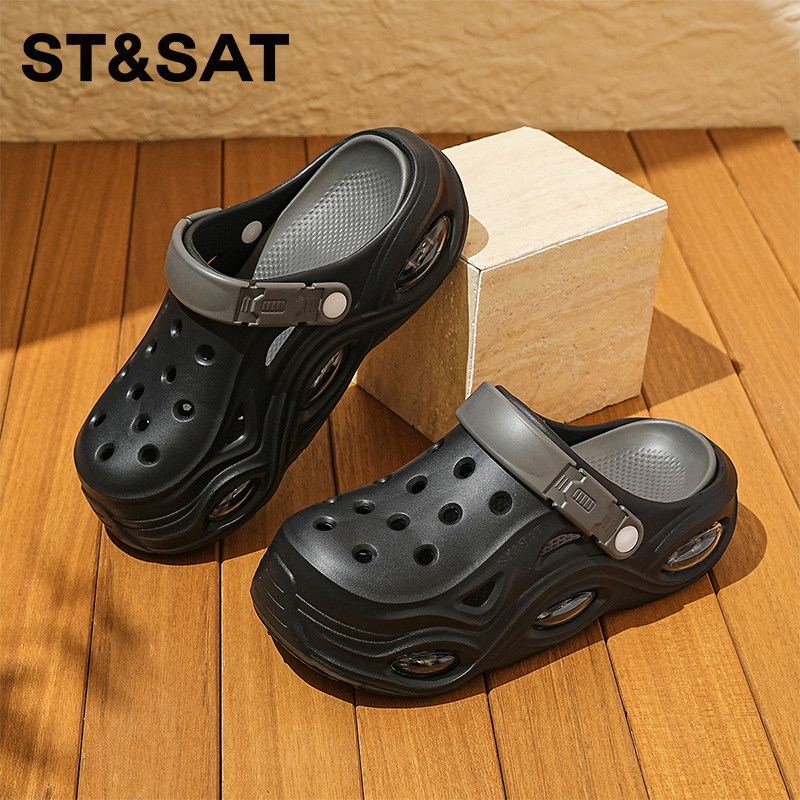 星期六新款男士黑色洞洞鞋2026年夏季防滑厚底包头凉鞋耐磨沙滩鞋