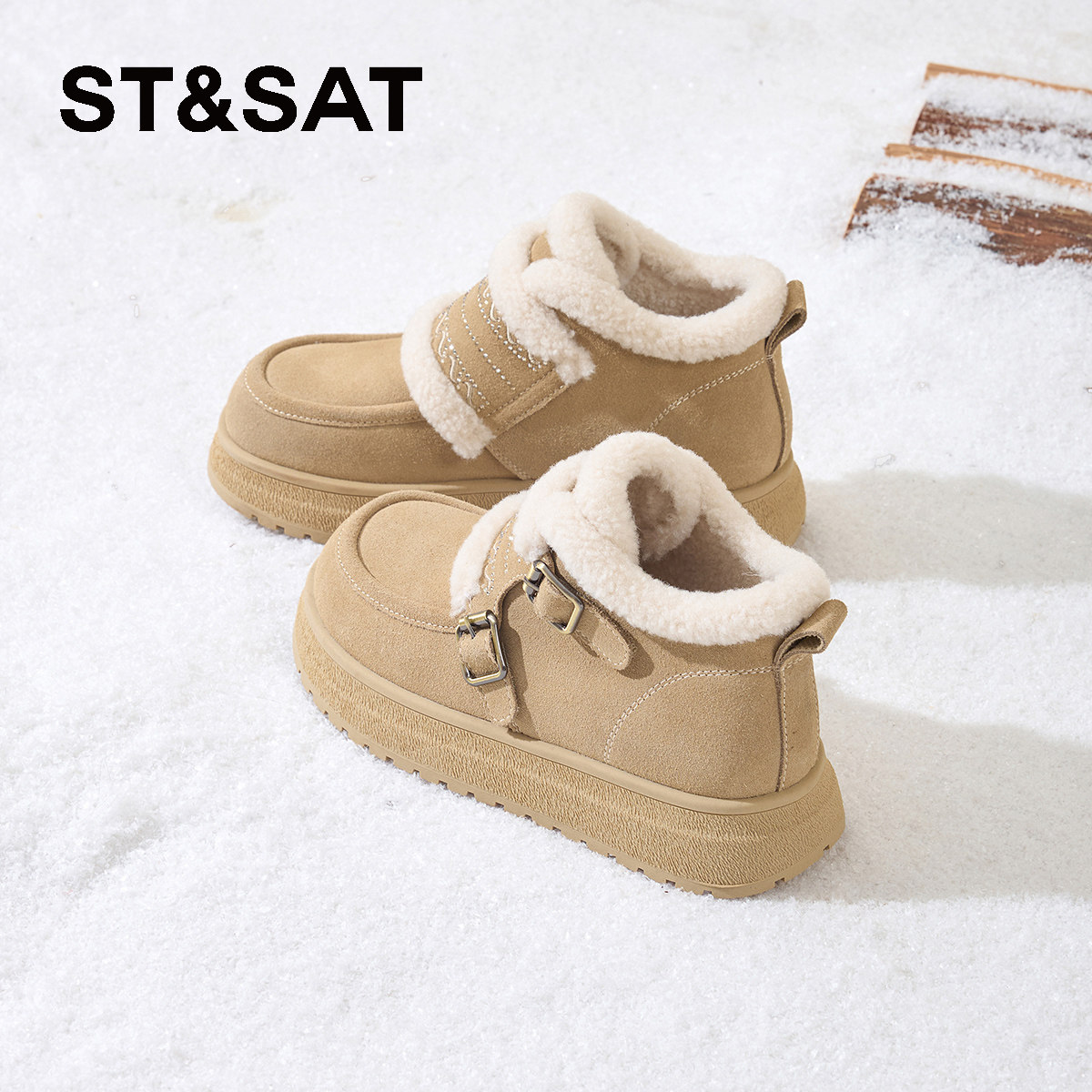 星期六女厚底加绒防滑雪地靴