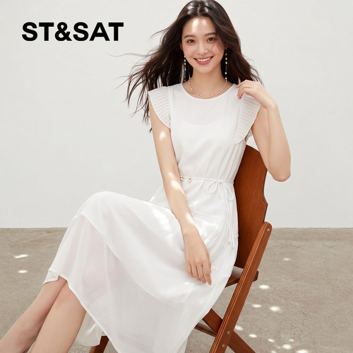 星期六小飞袖收腰细带连衣裙女夏