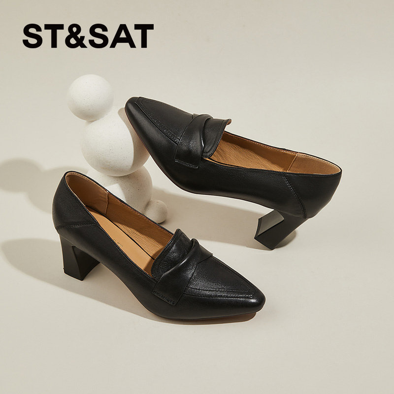星期六英伦小皮鞋女新款英伦风粗跟尖头高跟鞋小羊皮通勤工作单鞋