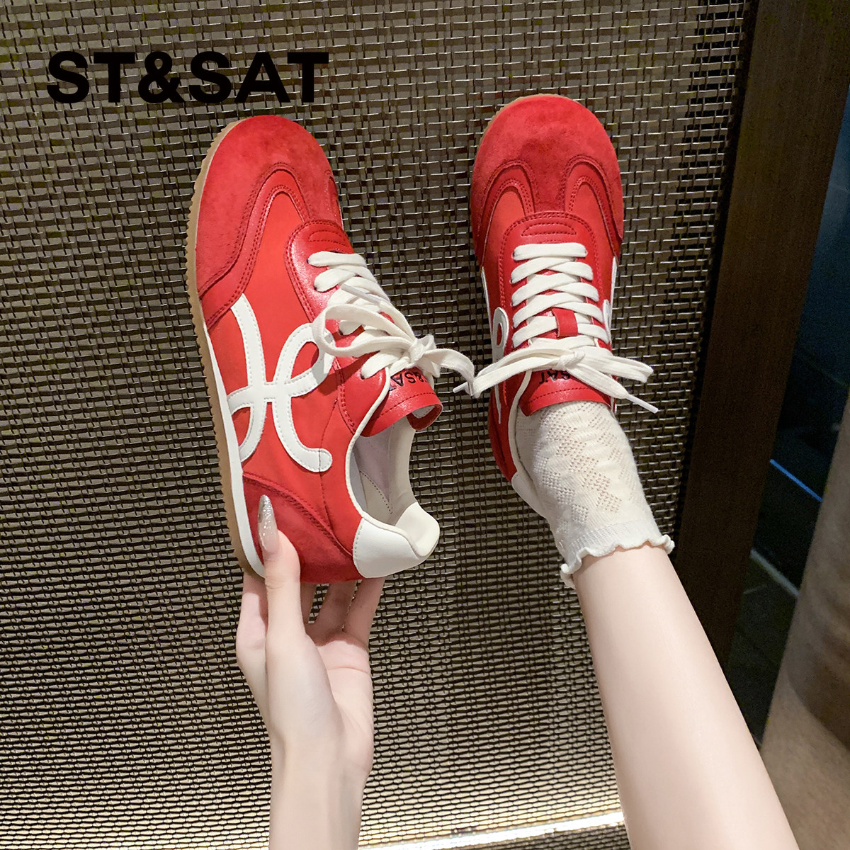 星期六女鞋红色德训鞋女款运动鞋女鞋子增高休闲鞋新款女厚底板鞋