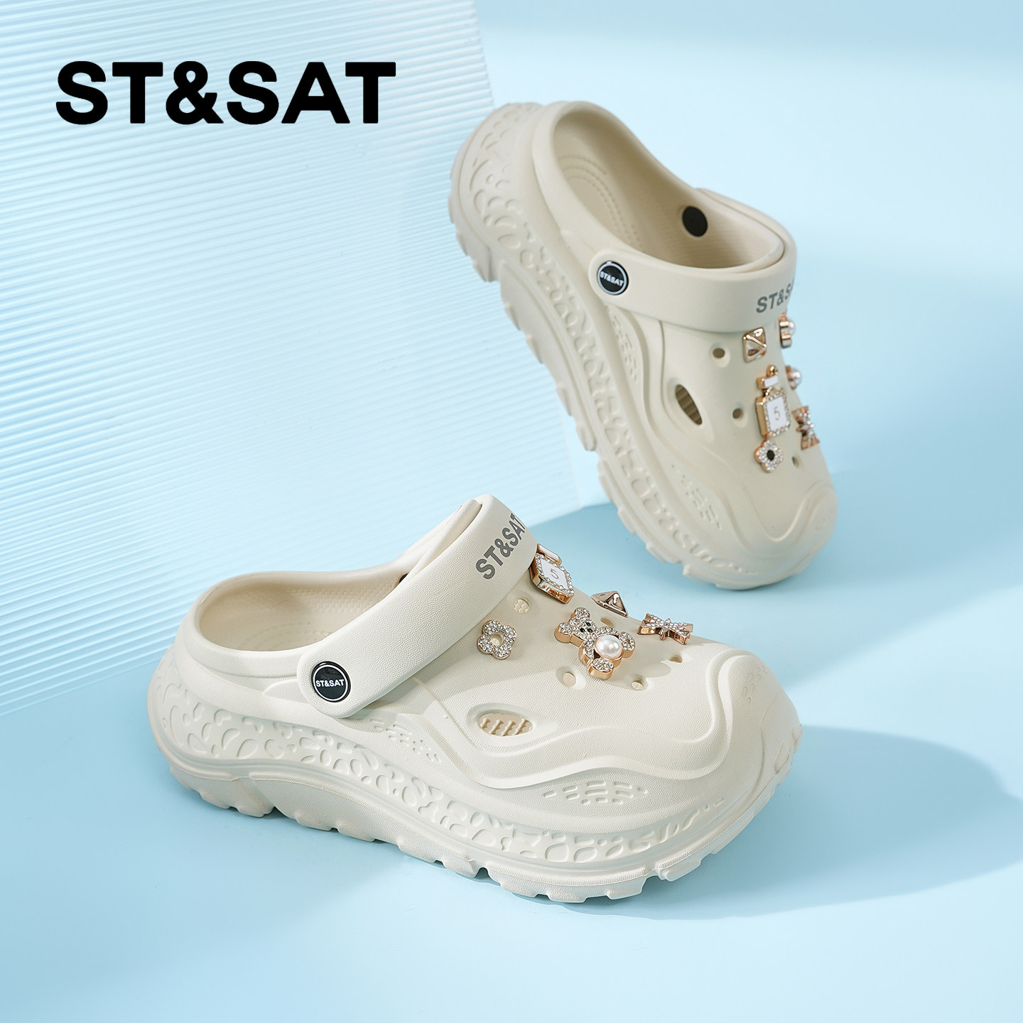 星期六可爱洞洞鞋女2026夏季新款厚底增高户外两穿凉鞋防滑沙滩鞋