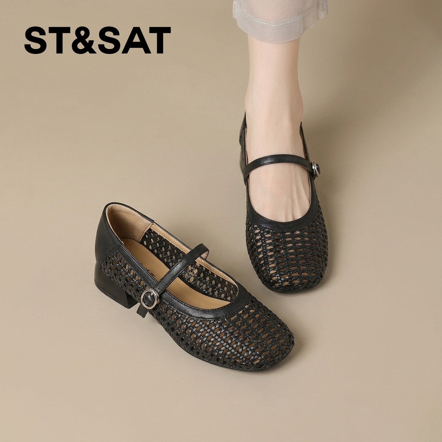 星期六编织玛丽珍鞋女款2026新款夏季镂空轻薄一字带方头平底凉鞋
