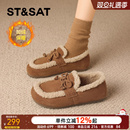 星期六复古真皮加绒勃肯鞋豆豆鞋女2025新款冬季保暖棉鞋毛毛鞋子