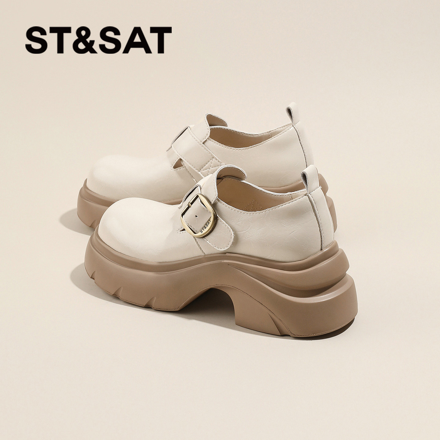 星期六厚底乐福鞋女款2026春季新款英伦风白色小皮鞋高跟松糕单鞋