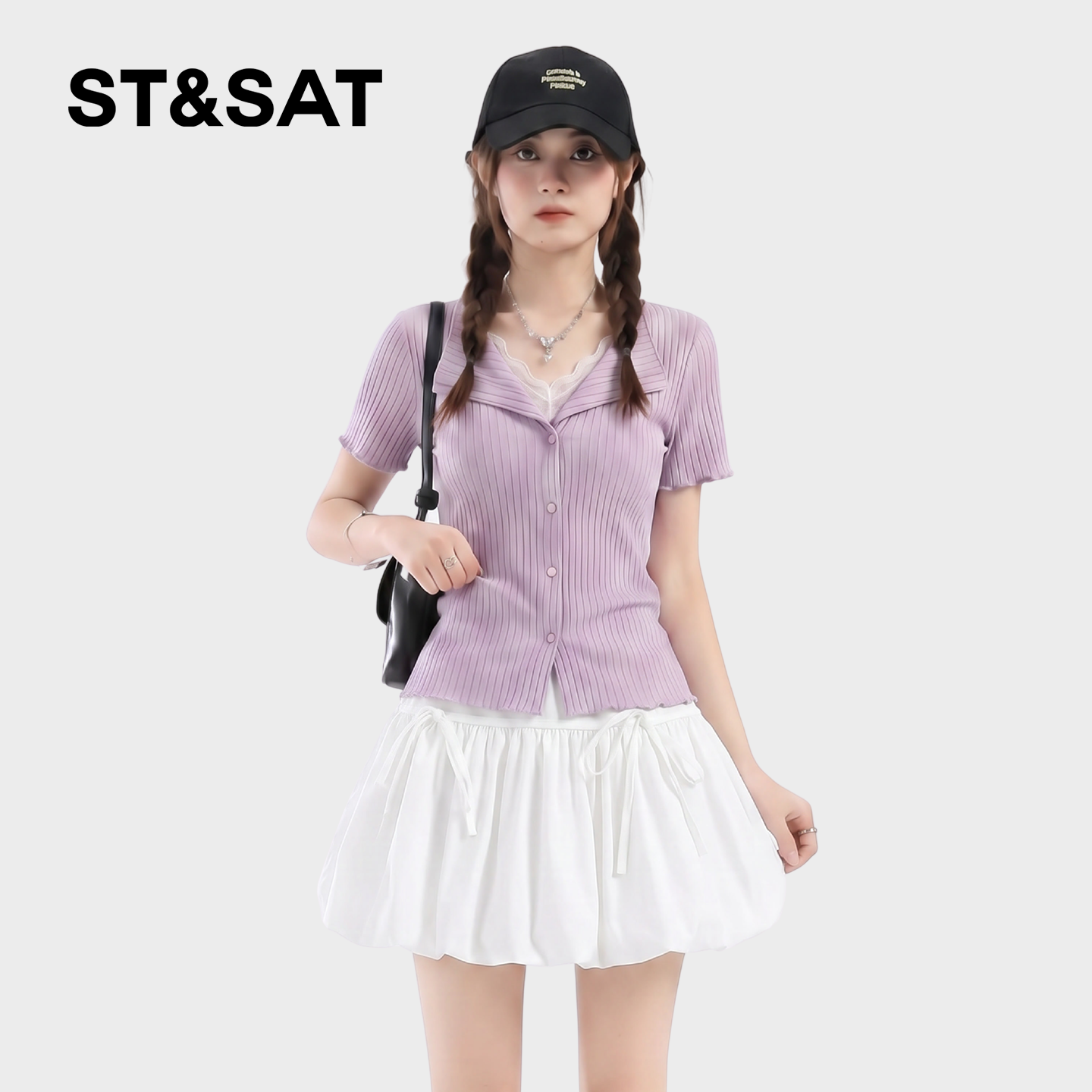 星期六蕾丝翻领假两件短袖t恤女