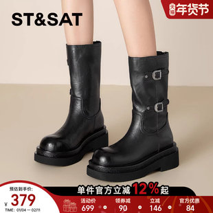 星期六厚底马丁靴女2025新款秋冬英伦风复古黑色小个子中筒短靴子