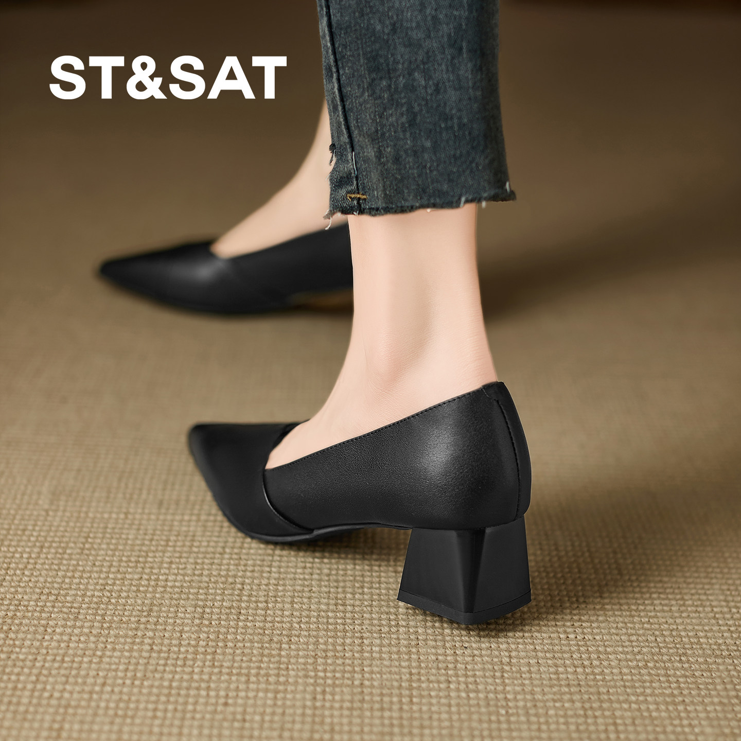 星期六尖头浅口单鞋女真皮春夏新款黑色粗跟通勤软底不累脚高跟鞋