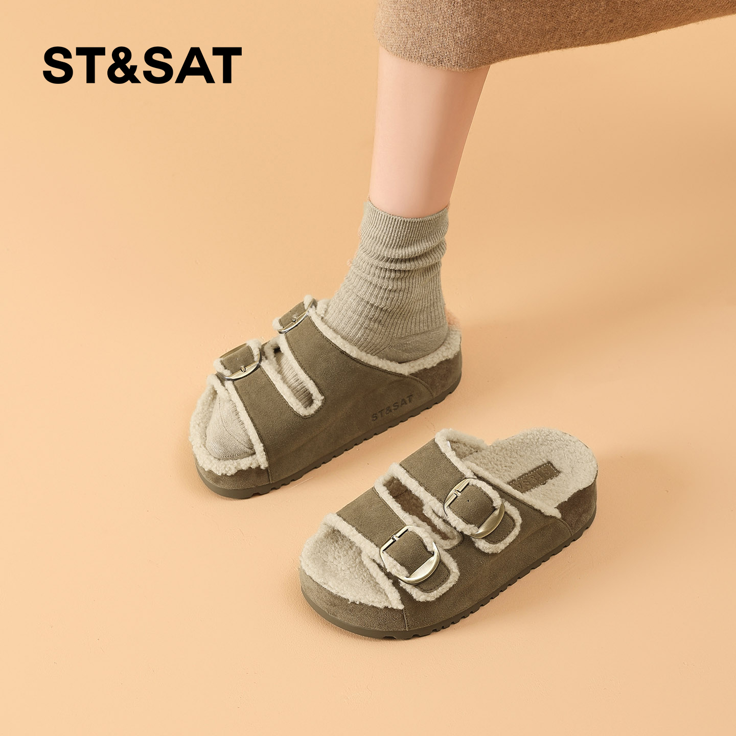 星期六厚底勃肯拖鞋女外穿2025年新款冬季加绒一脚蹬毛茸茸棉拖鞋