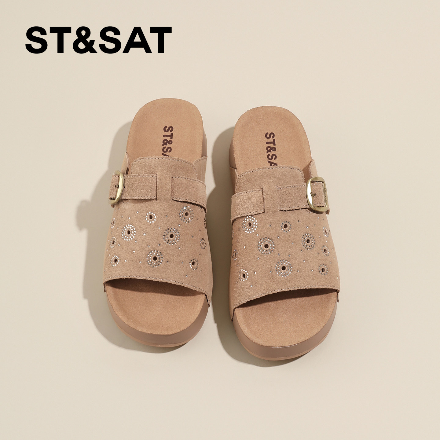 星期六真皮勃肯鞋半拖外穿女夏2026新款厚底一脚蹬配裙子一字凉拖