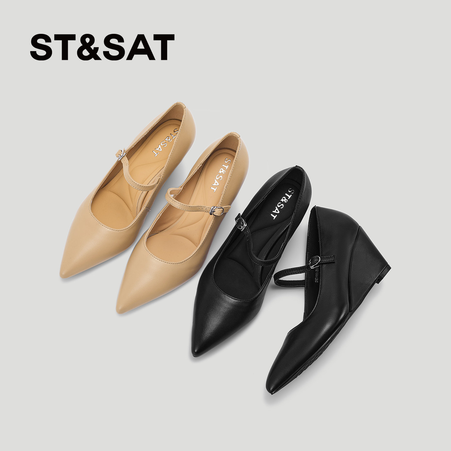 星期六坡跟尖头玛丽珍鞋女2026春夏新款简约一字带软底高跟单鞋子