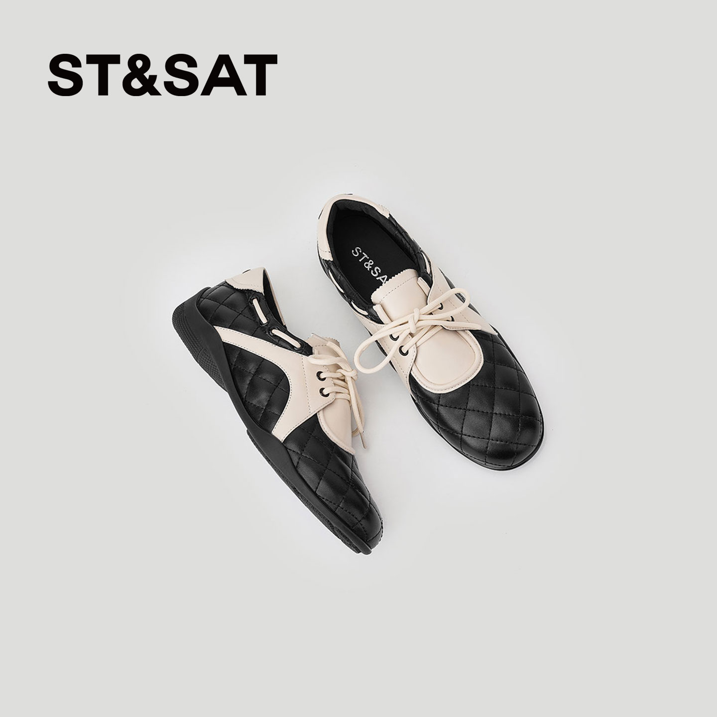 星期六小香风平底休闲鞋女秋季真皮黑白拼色巨好看软底百搭德训鞋