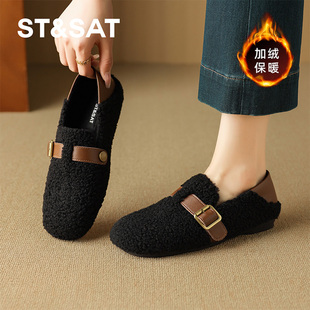 星期六毛毛鞋女2025年冬季新款平底低跟一脚蹬圆头加绒舒适勃肯鞋