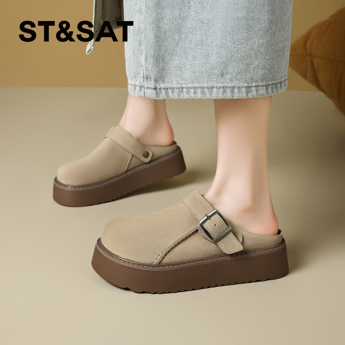 星期六复古勃肯鞋半拖女2025春季爆款软底厚底增高舒适一脚蹬