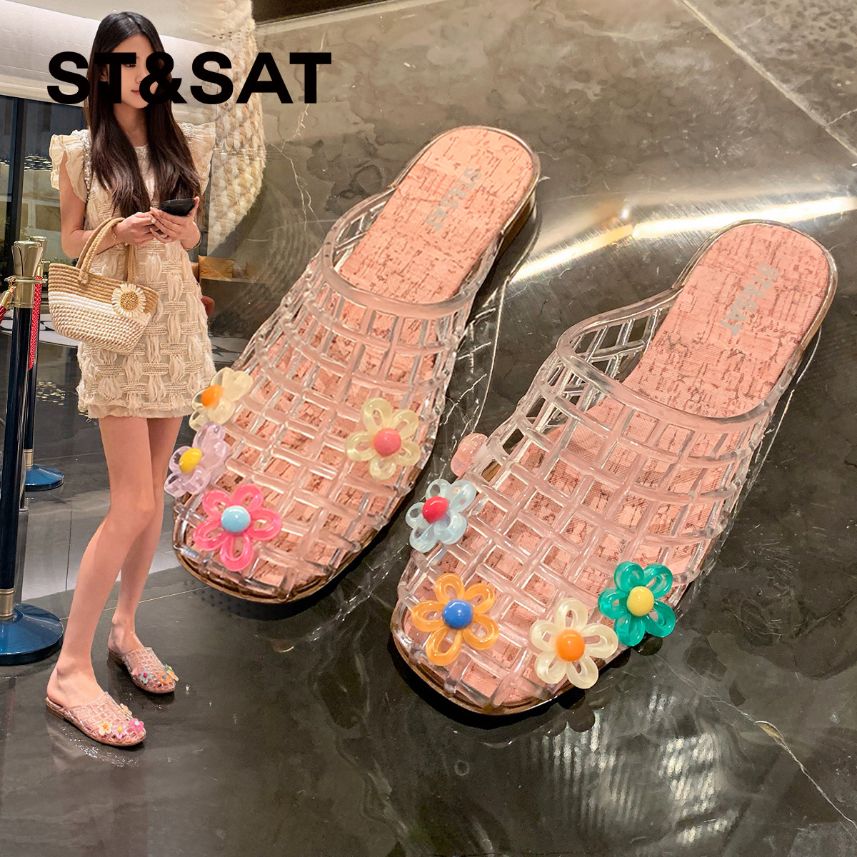 星期六花朵果冻水晶鞋半拖鞋女2026春夏新款一脚蹬透气休闲凉鞋子
