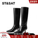 星期六黑色长筒靴女2025秋冬尖头不过膝长靴小猫跟真皮高跟骑士靴