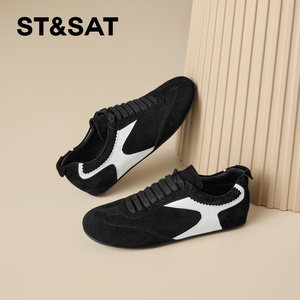 星期六黑色真皮德训鞋女2026年春季新款圆头内增高阿甘休闲运动鞋