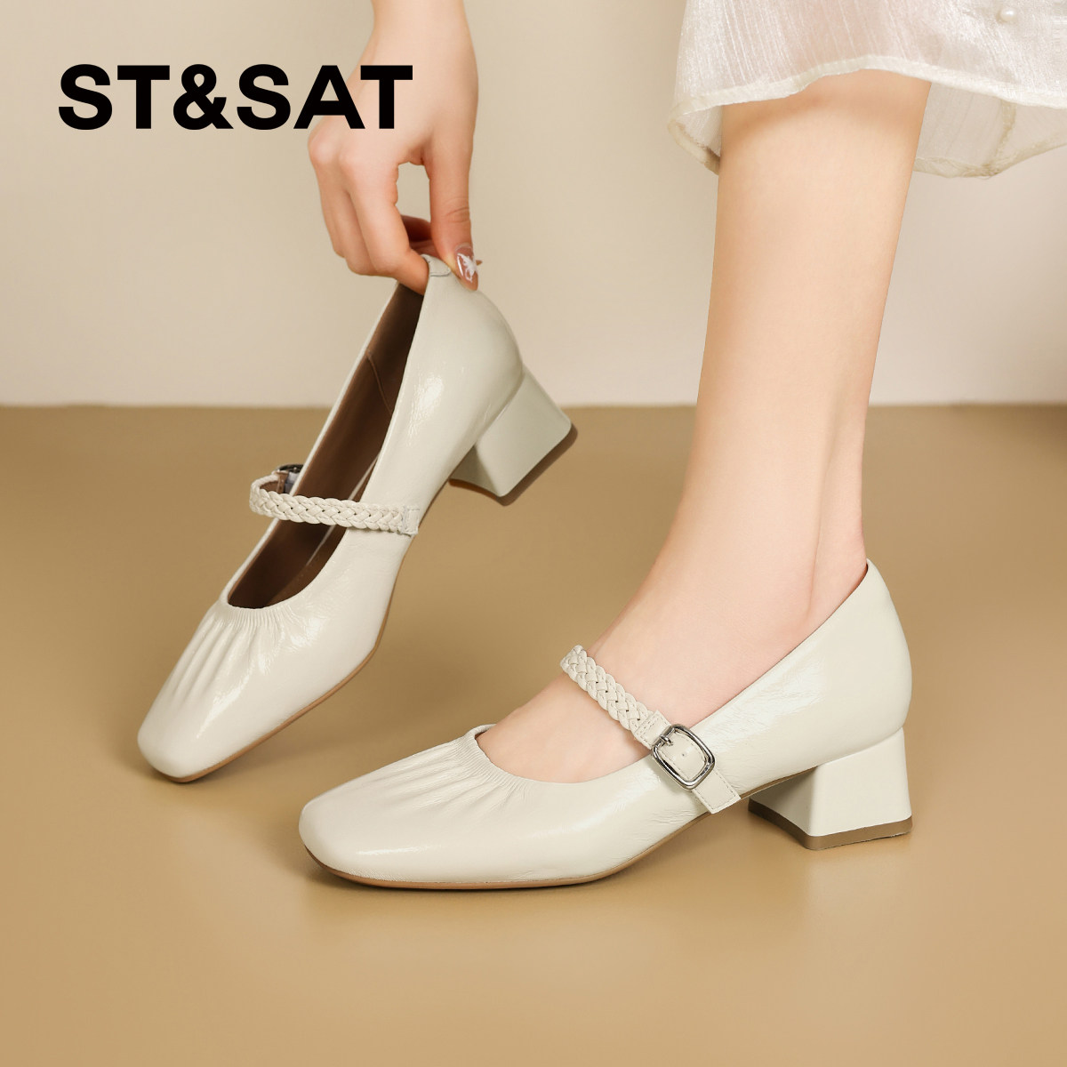 星期六法式超软牛皮浅口单鞋女2026春季新款粗跟黑色方头玛丽珍鞋