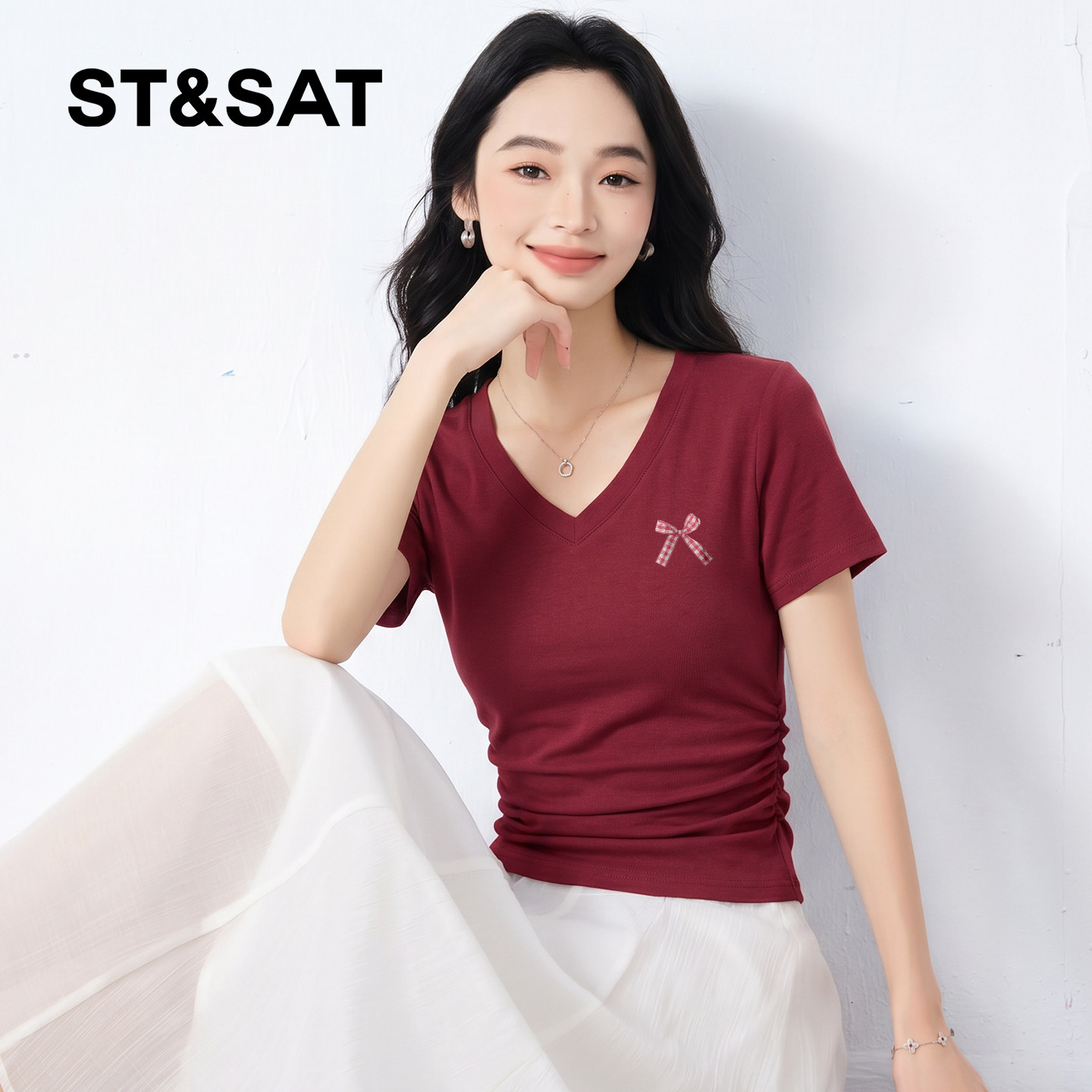 星期六v领修身抽褶短袖t恤女夏季