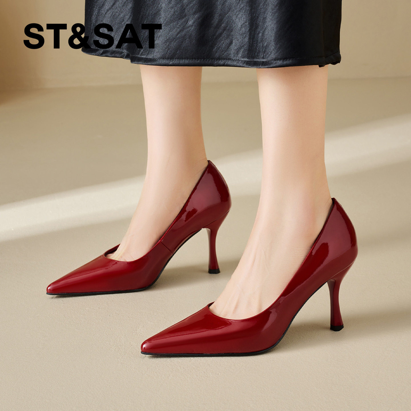 星期六真皮性感尖头红色高跟鞋女2026春季新款细跟不累脚浅口单鞋