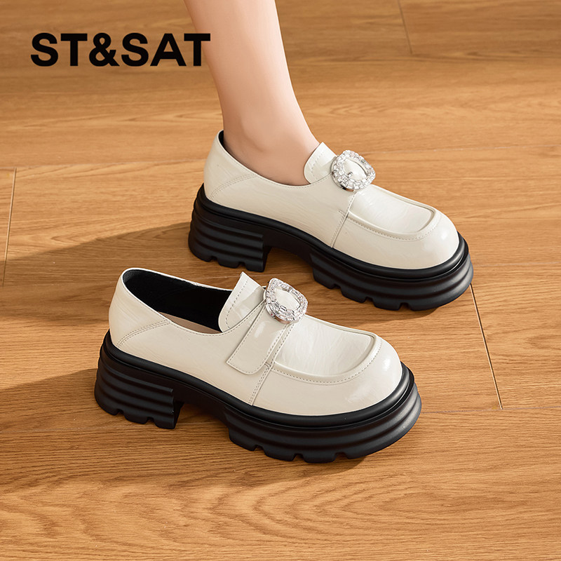 星期六白色厚底增高乐福鞋女春季新款气质小皮鞋粗跟单鞋百搭女鞋