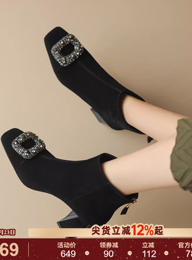 星期六黑色气质粗跟短靴加绒保暖女靴方扣水钻尖头高跟鞋瘦瘦靴子