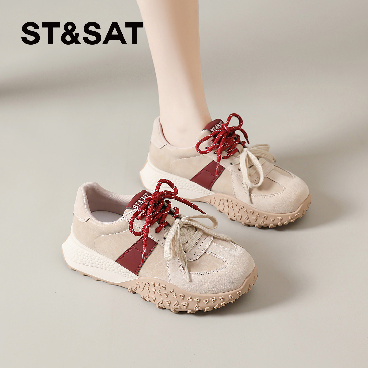 星期六红色德训鞋女夏季新款百搭爆款女鞋厚底运动阿甘鞋休闲板鞋