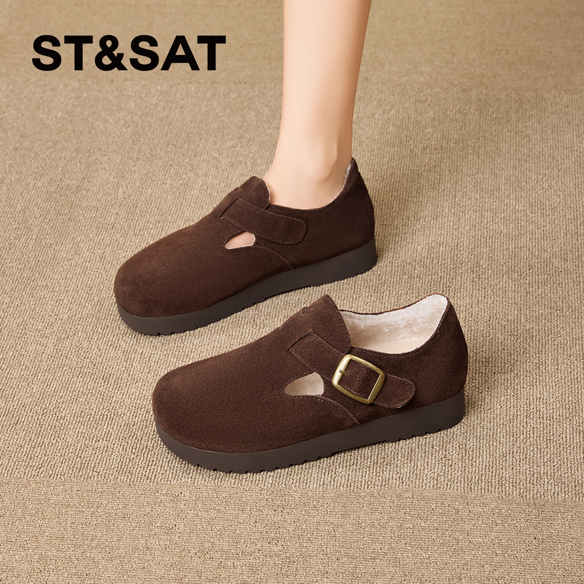 星期六真皮全包勃肯鞋女2025新款秋冬加绒软底单鞋懒人一脚蹬棉鞋