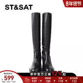 星期六高跟长筒靴女2025秋冬圆头粗跟全真皮骑士靴显瘦不过膝长靴