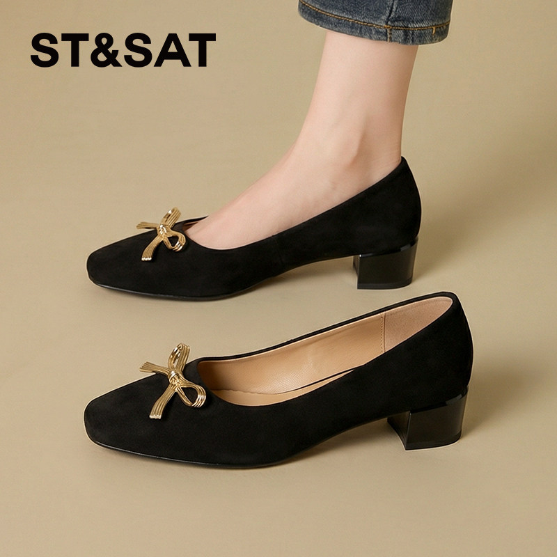 真皮羊反绒星期六方头蝴蝶结浅口单鞋女2026春夏法式粗跟通勤鞋子
