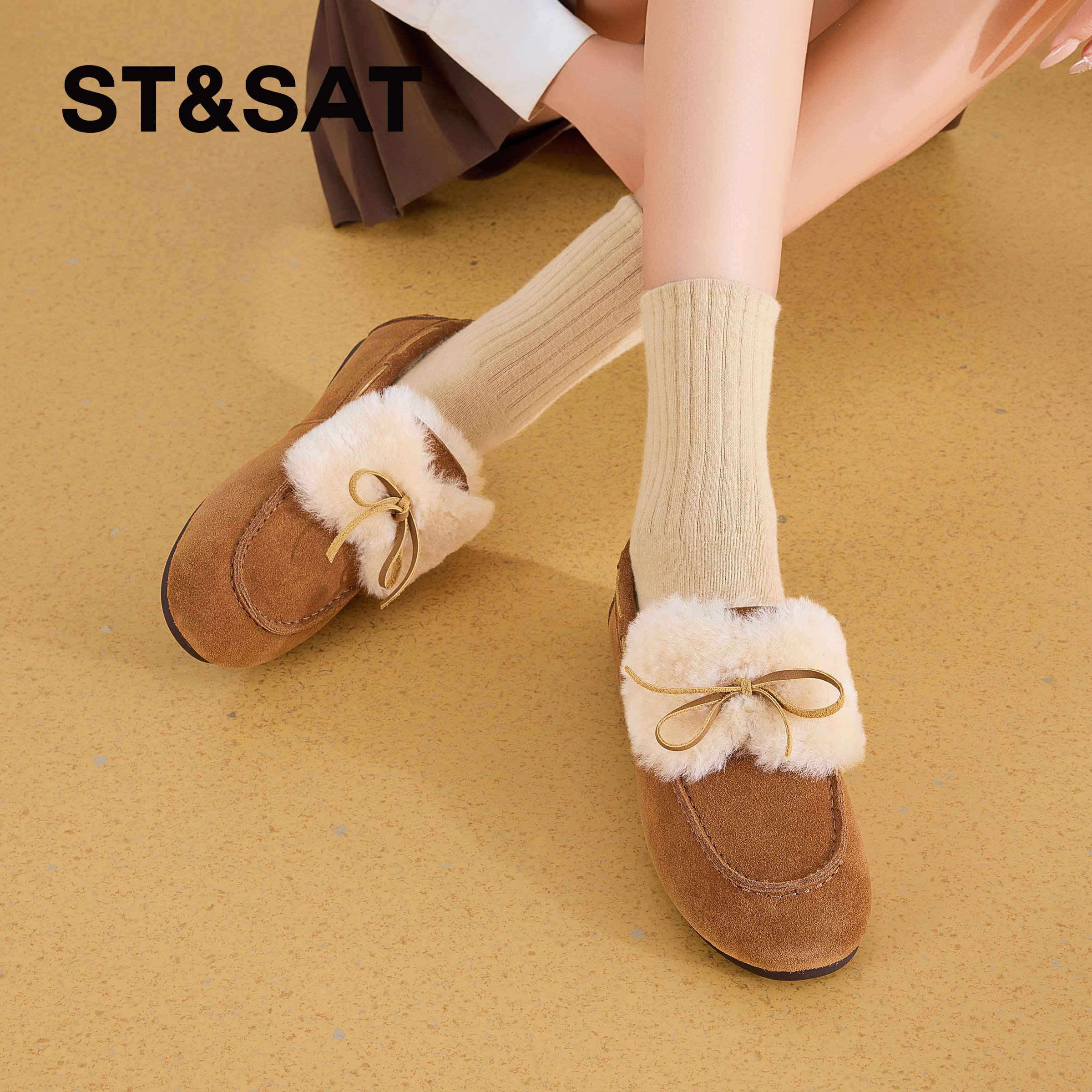 星期六加绒时尚圆头豆豆鞋2025冬季新款女士休闲鞋保暖舒适毛毛鞋,女鞋,乐福鞋（豆豆鞋）,淘宝优惠券,粉丝福利购,淘宝优惠卷