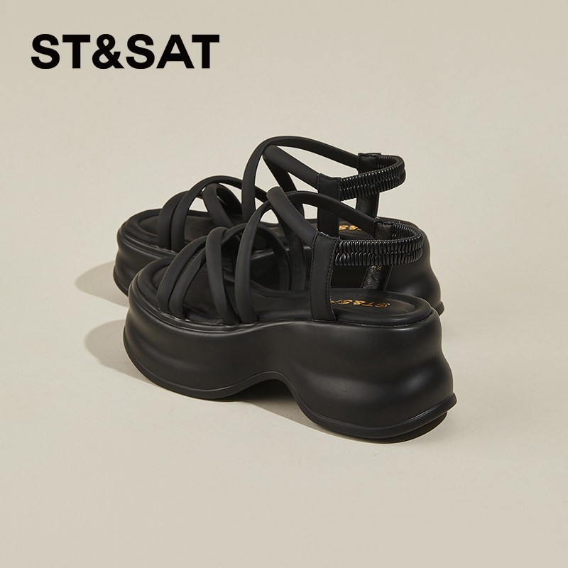 星期六黑色罗马凉鞋女款夏季外穿新款小个子厚底增高休闲松糕凉鞋