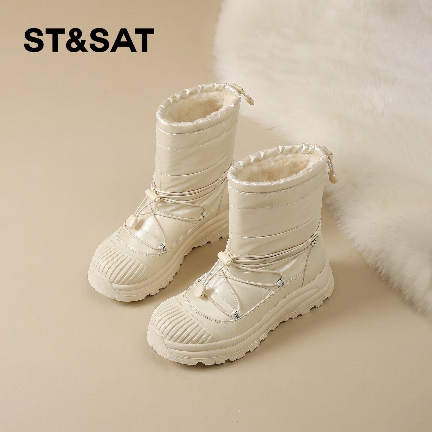 星期六女厚底加绒防水滑雪雪地靴