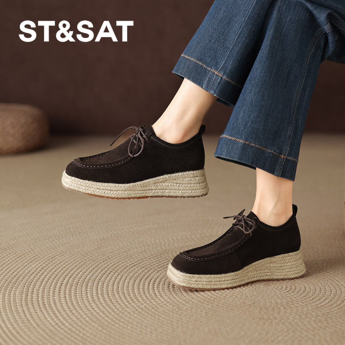 星期六乐福鞋女春季新款老钱风软底松糕鞋增高一脚蹬女鞋通勤