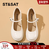 一字扣粗跟米色高跟鞋 星期六法式 女 新款 小皮鞋 玛丽珍女鞋 春季