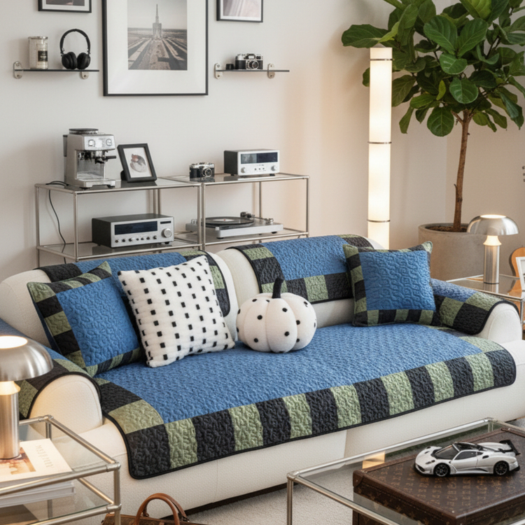 高级感时尚几何格子沙发垫深色耐脏四季通用坐垫轻奢防滑沙发套罩