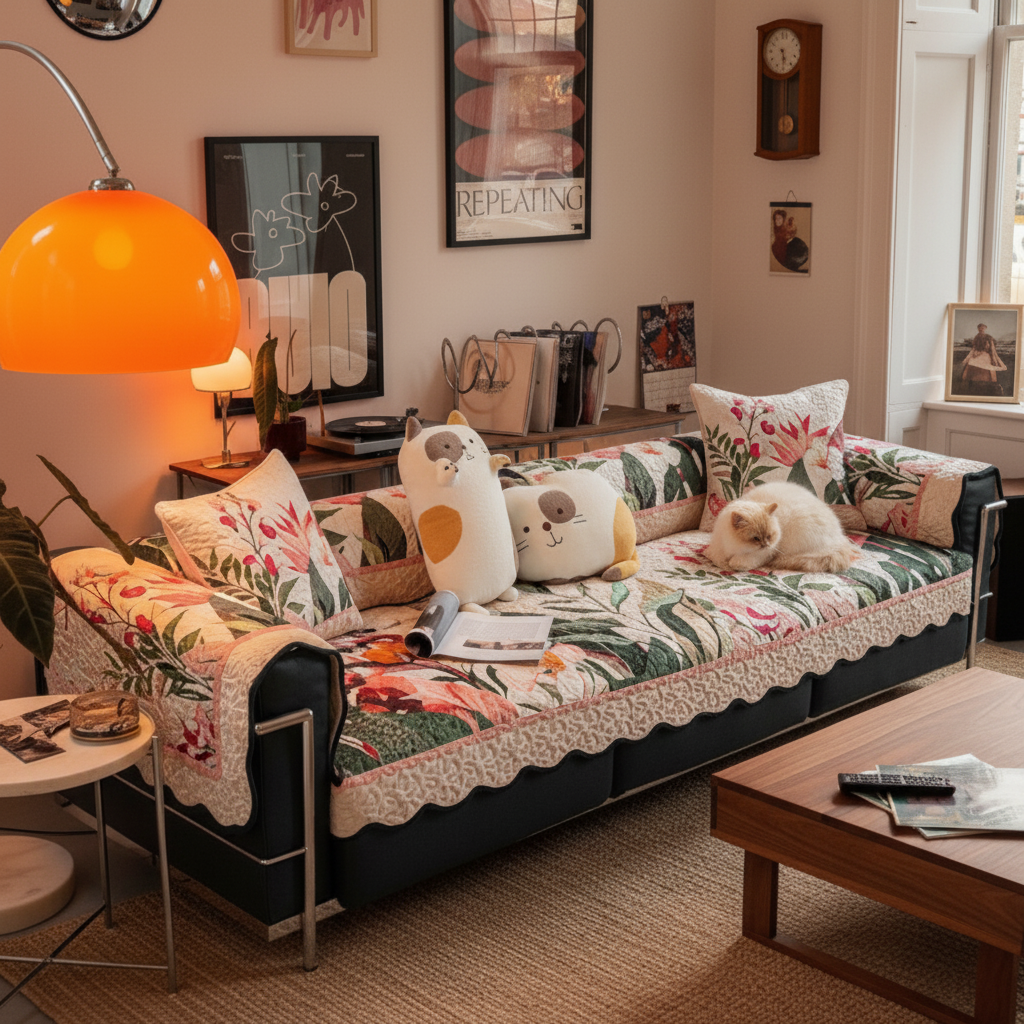 粉色治愈系田园花卉沙发坐垫冬天冬季款毛绒沙发垫罩盖巾加厚防滑,居家布艺,沙发垫,淘宝优惠券,粉丝福利购,淘宝优惠卷