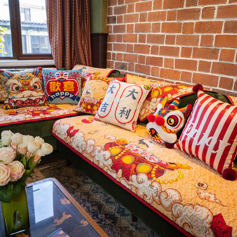 中式国潮时尚沙发垫秋冬加厚保暖沙发坐垫高级感防滑沙发盖巾定制