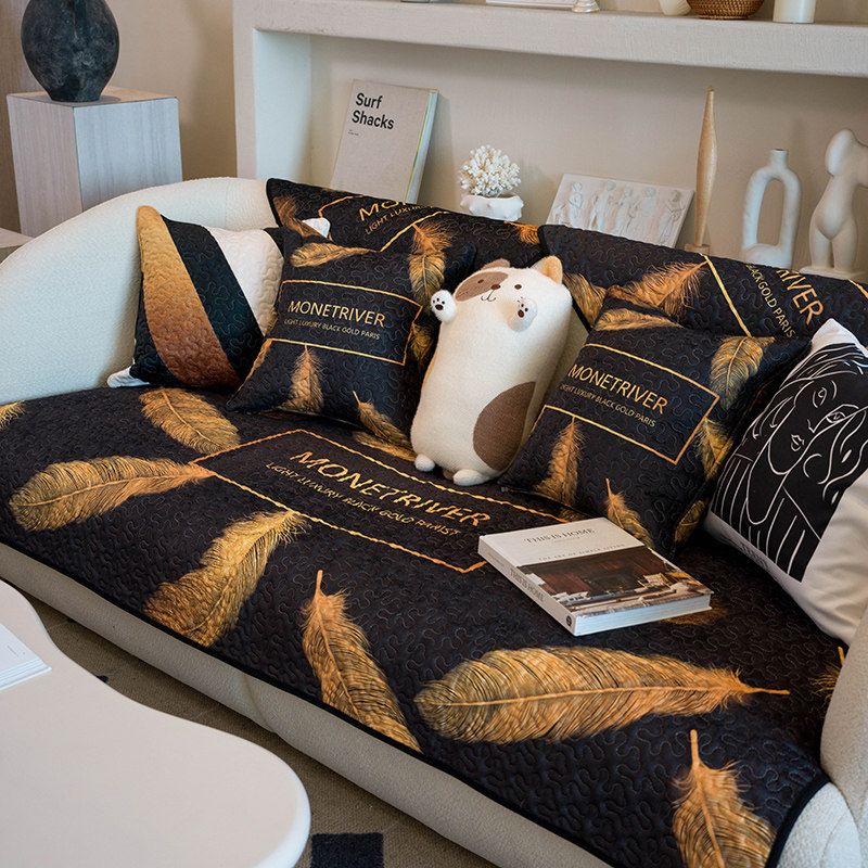 欧式黑金轻奢现代沙发垫金色羽毛高级感耐脏沙发套罩靠背盖巾定制,居家布艺,沙发垫,淘宝优惠券,粉丝福利购,淘宝优惠卷