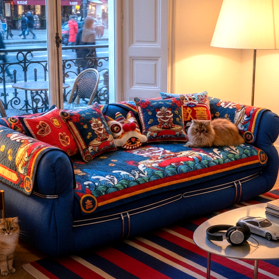 中国风国潮喜庆沙发垫秋冬加厚毛绒坐垫醒狮祥云防滑沙发巾套罩盖,居家布艺,沙发垫,淘宝优惠券,粉丝福利购,淘宝优惠卷