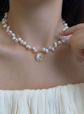 玫瑰花镜几何吊坠满天星天然珍珠项链 轻奢设计感超仙气质锁骨链