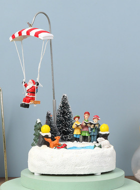 跨境创意发光音乐旋转热气球圣诞摆件鹿拉车圣诞装饰品家居摆件