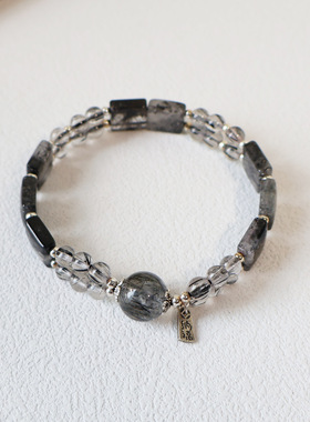 天然巴西黑发晶手链女个性925银纳福吊坠高货钛晶水晶手串