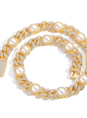 欧美15mm珍珠古巴链个性流行小众嘻哈项链可